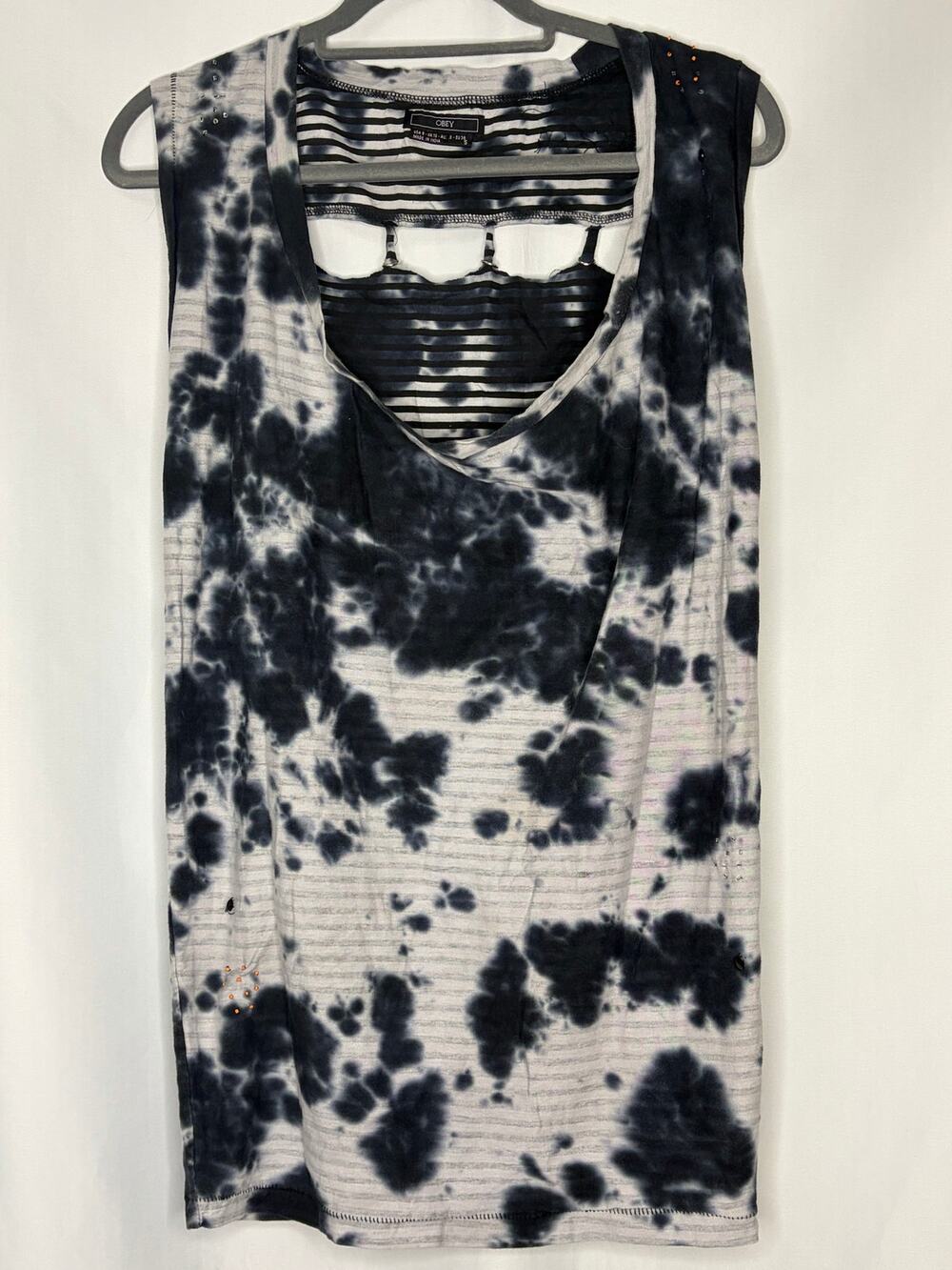 OBEY Tie Dye Cutout Tank Top S Studded Sequin Indie Sleaze Punk Made USA